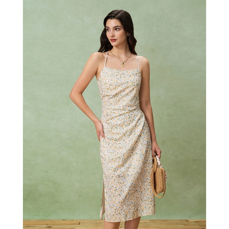 Yellow Floral Ruched Slip Midi Dress