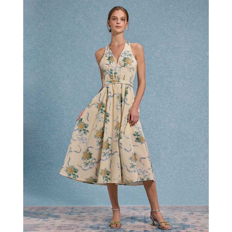 Yellow Floral Strapless Midi Dress