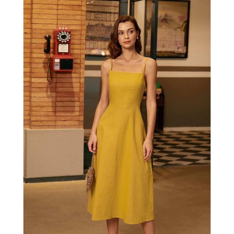 Yellow Square Neck Shirred Slip Midi Dress