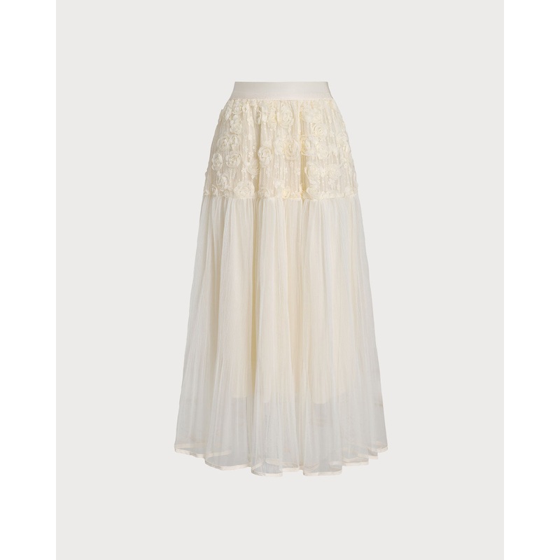 Apricot Elastic Waist Pleated Midi Skirt