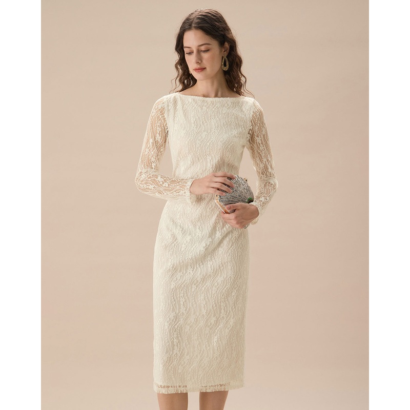 Apricot Lace Boat Neck Long Sleeve Midi Dress