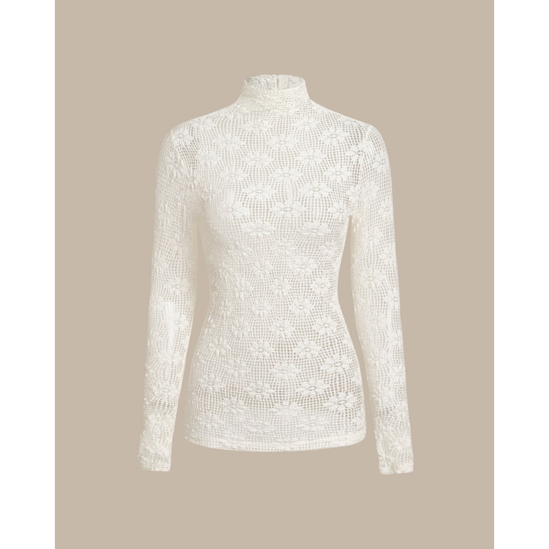 Beige Turtleneck Sheer Slim Sweater