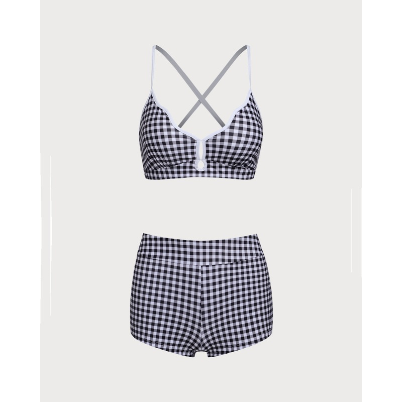 Black Contrast Plaid Cutout Bikini Set