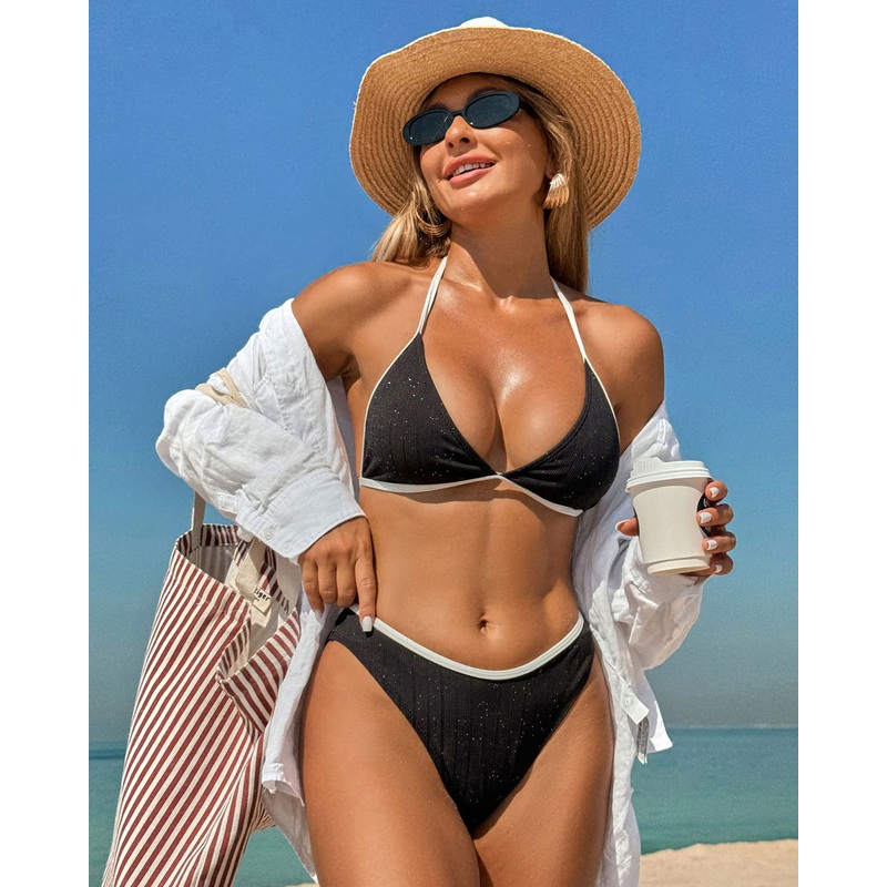 Black Contrast Sequins Bikini Set