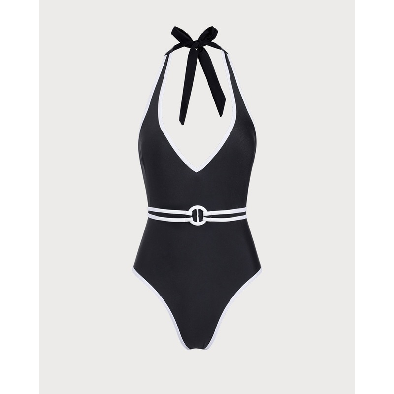 Black Contrast V-Neck One-Piece Swimsuit