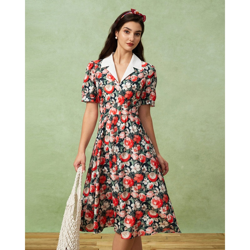 Black Floral Contrast Midi Dress