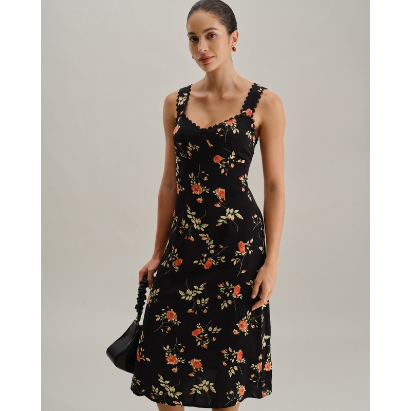 Black Floral Shirred Slip Maxi Dress