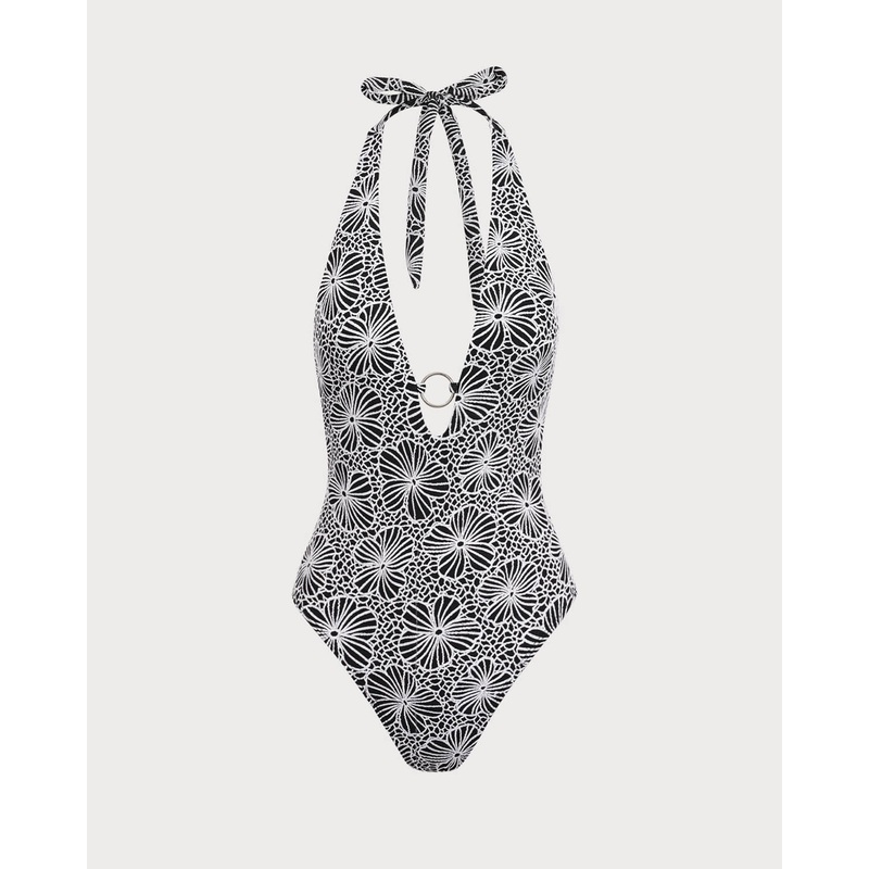 Black Floral V-Neck One-Piece Swimsuit