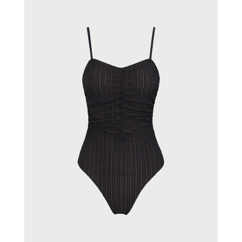 Black Hollow Wrinkled One-Piece Swimsuit