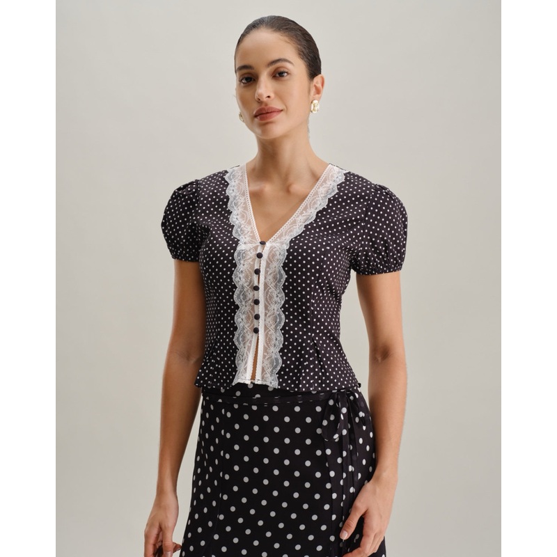 Black Polka Dot Lace Trim Blouse