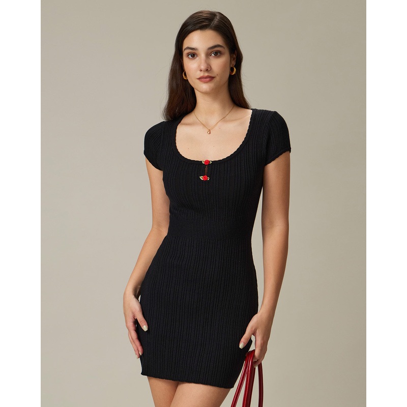 Black Round Neck Ribbed Mini Dress
