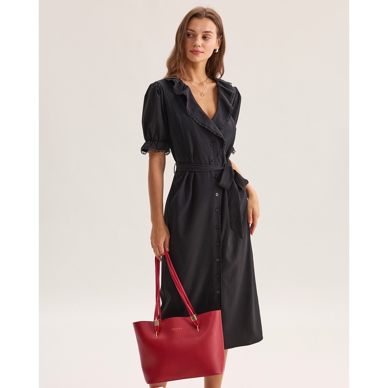 Black Ruffle Belted Maxi Dress