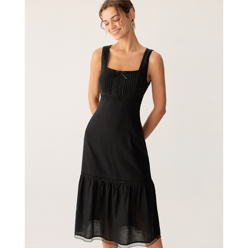 Black Square Neck Ruched Slip Midi Dress
