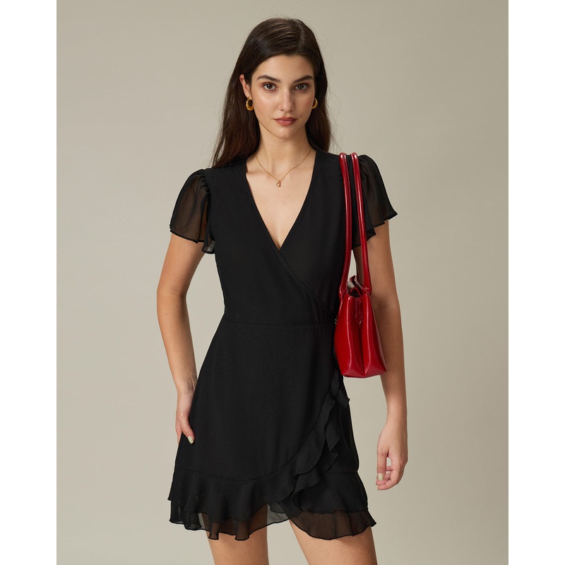 Black V Neck Chiffon Mini Dress