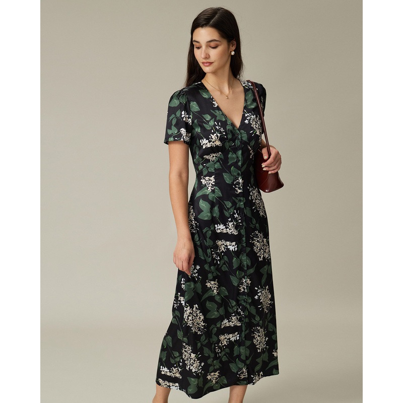 Black V Neck Floral Midi Dress