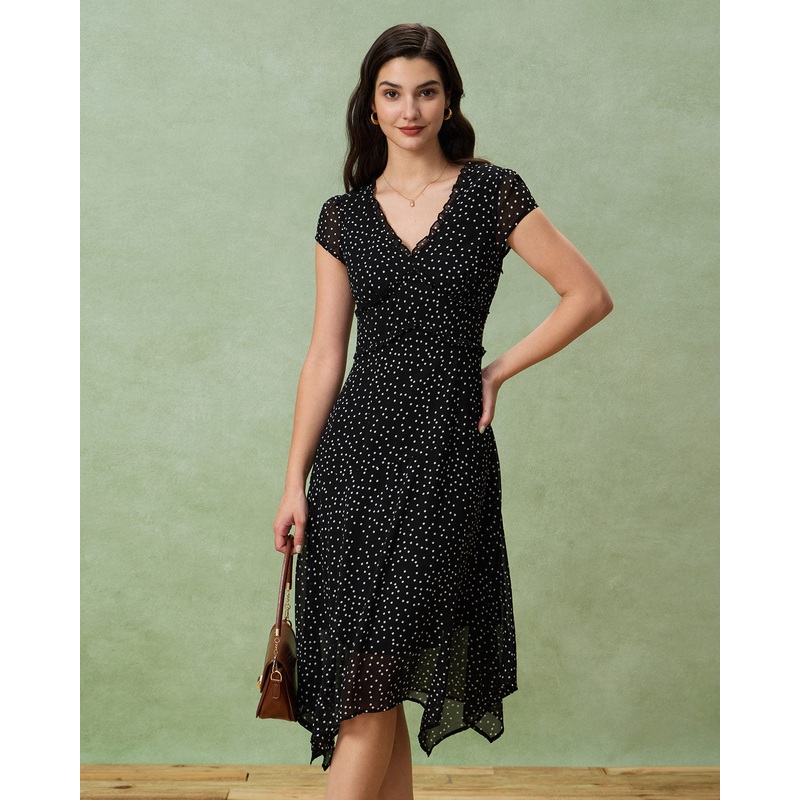 Black V Neck Polka Dot Midi Dress