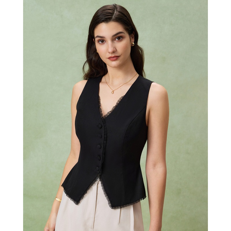 Black V-Neck Single Breasted Vest