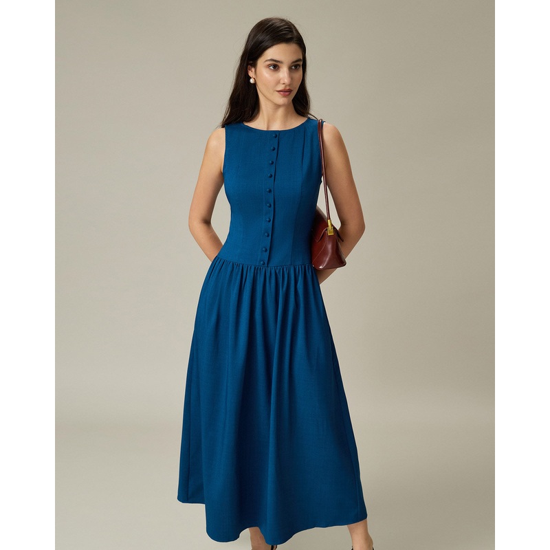 Blue Boat Neck Button Pocket Midi Dress
