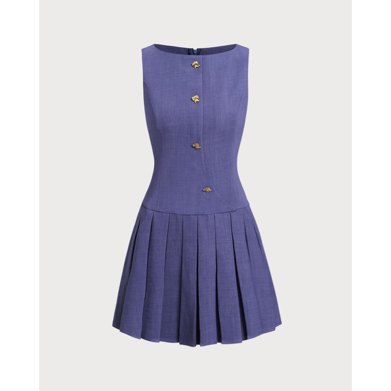 Blue Boat Neck Button Sleeveless Mini Dress