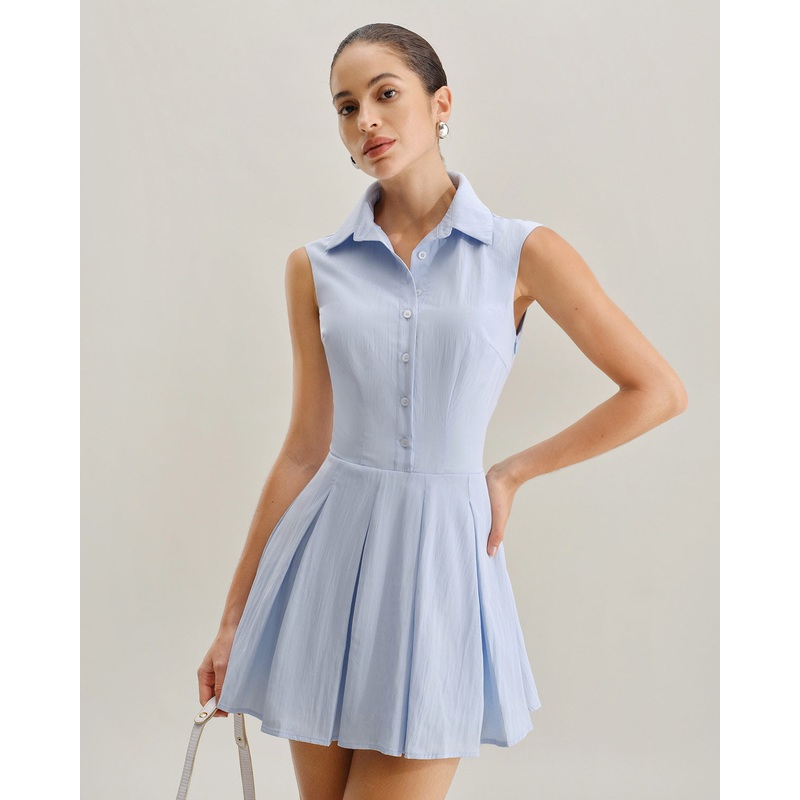 Blue Button A-Line Sleeveless Mini Dress