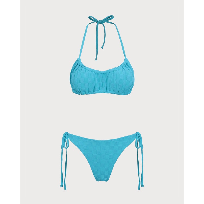 Blue Checkered Ruched Bikini Set