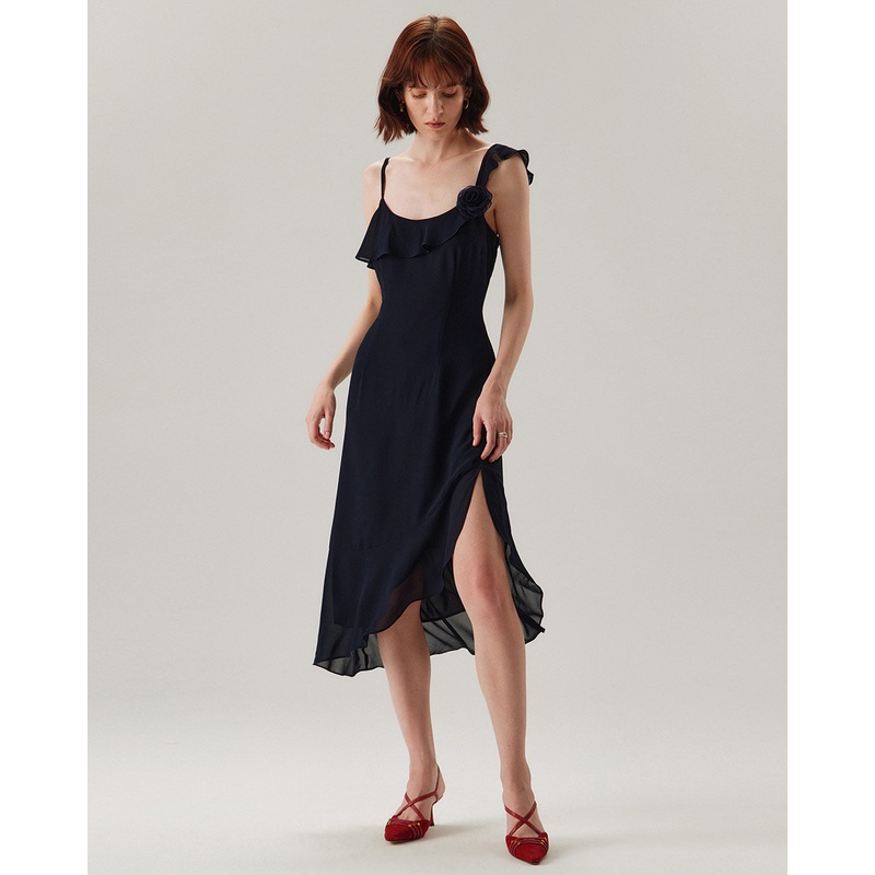 Blue Chiffon Ruffle Slip Midi Dress
