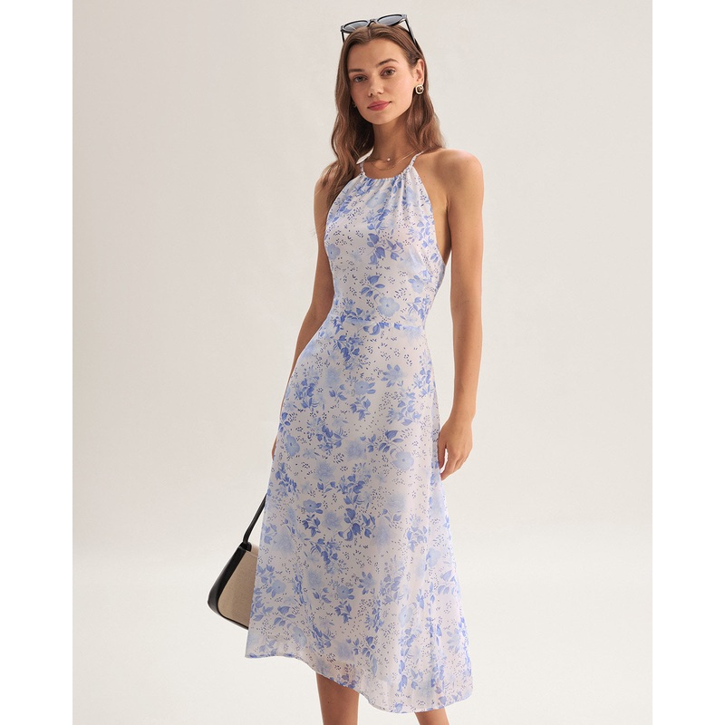 Blue Floral Halter Midi Dress