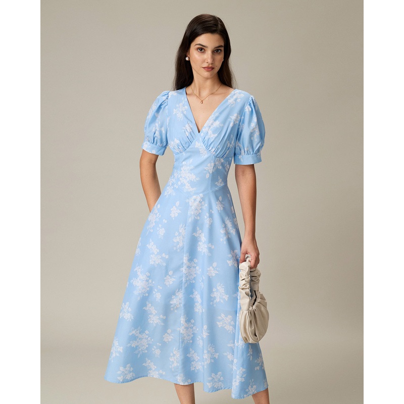 Blue Floral Puffed Sleeve Ruched Midi Dress