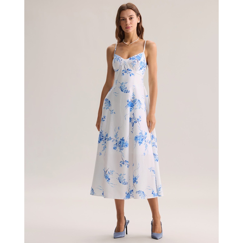 Blue Floral Shirred A-Line Slip Maxi Dress