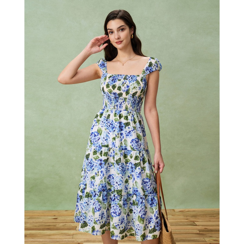 Blue Floral Square Neck Shirred Midi Dress