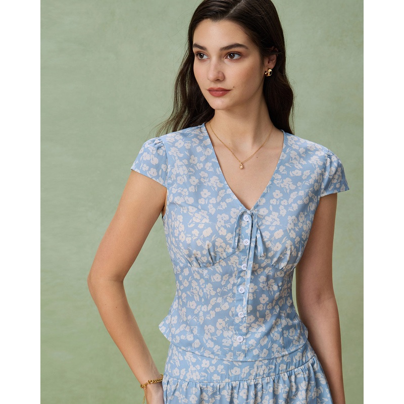 Blue Floral V-Neck Blouse