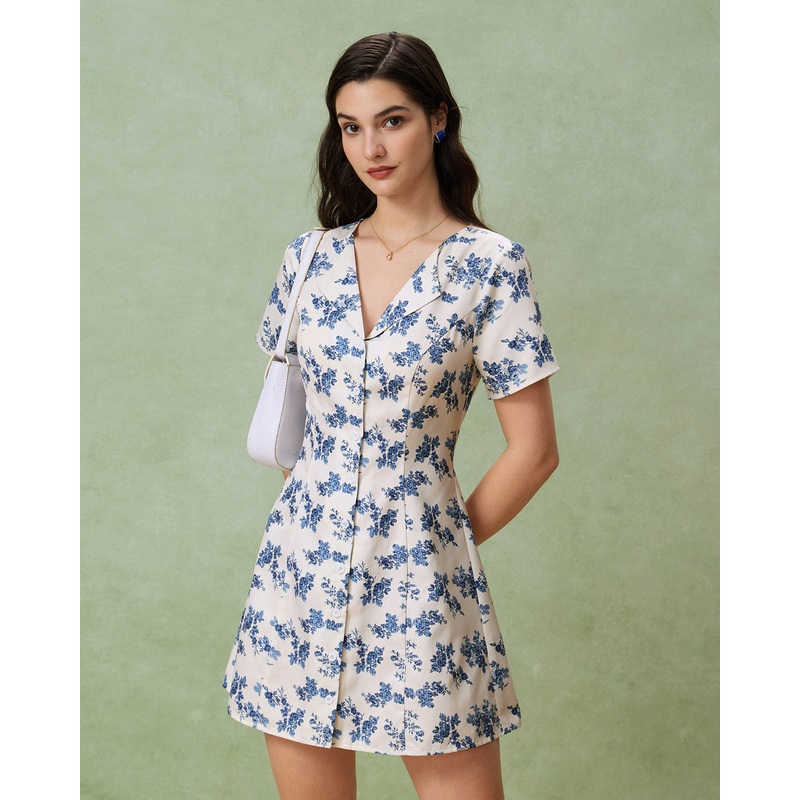 Blue Floral V-Neck Button A-Line Mini Dress