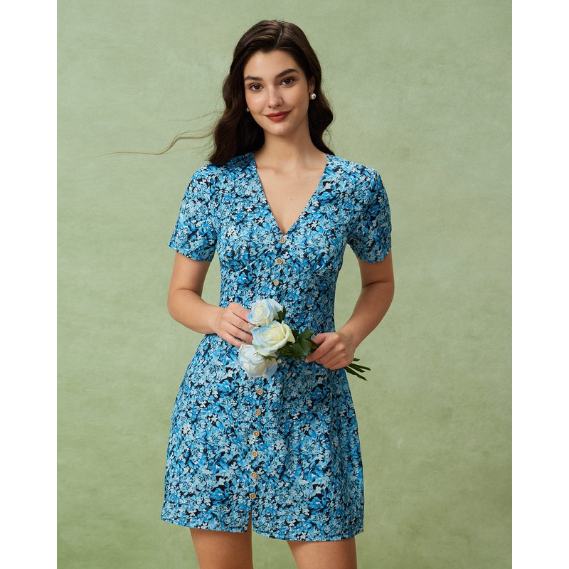 Blue Floral V-Neck Button Mini Dress