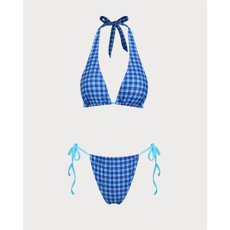 Blue Knit Vintage Plaid Print Bikini Set
