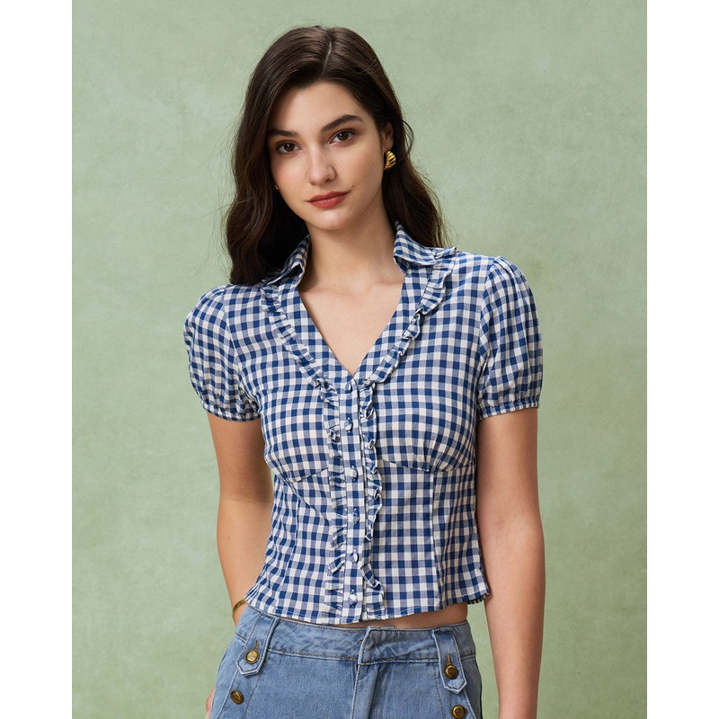 Blue Plaid Puffed Sleeve Blouse