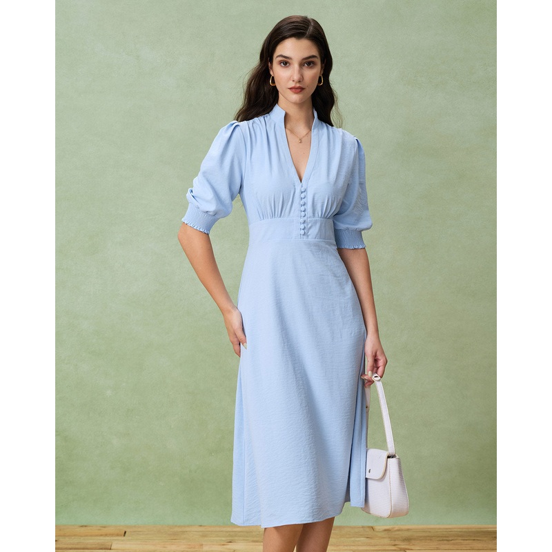 Blue Puffed Sleeve Pleated Midi Dress