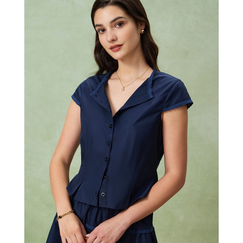 Blue Round Neck Embroidery Blouse