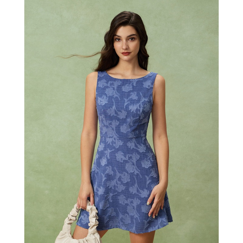 Blue Round Neck Sleeveless Mini Dress
