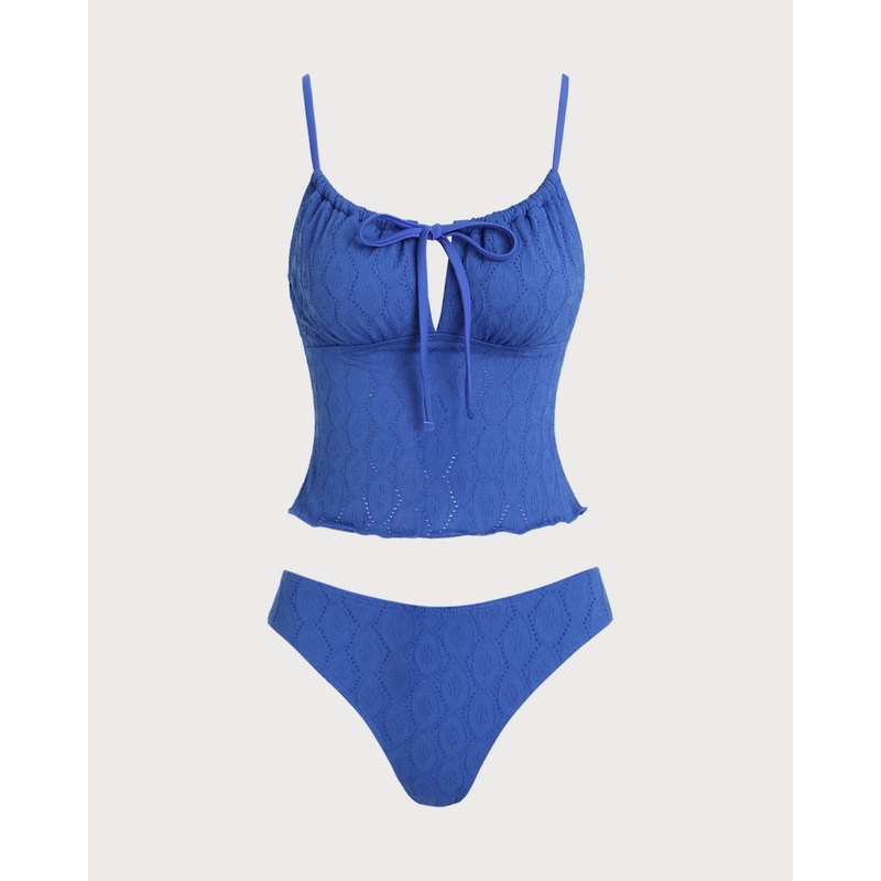 Blue Ruched Tie Tankini Swimsuit