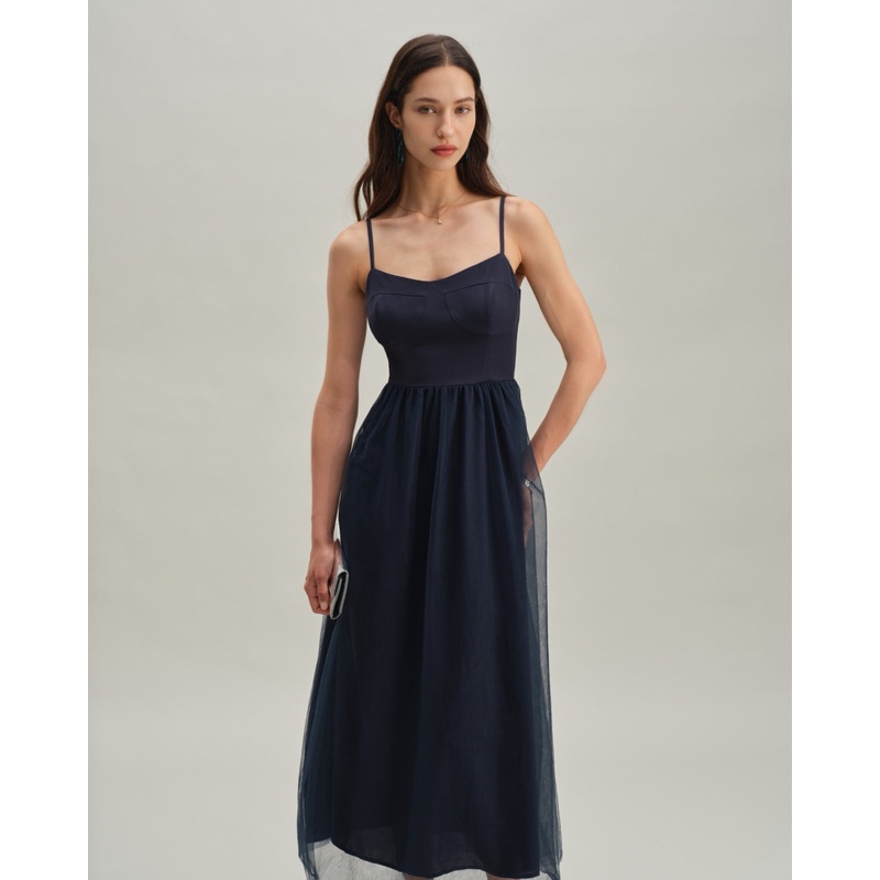 Blue Shirred Flowy Slip Maxi Dress