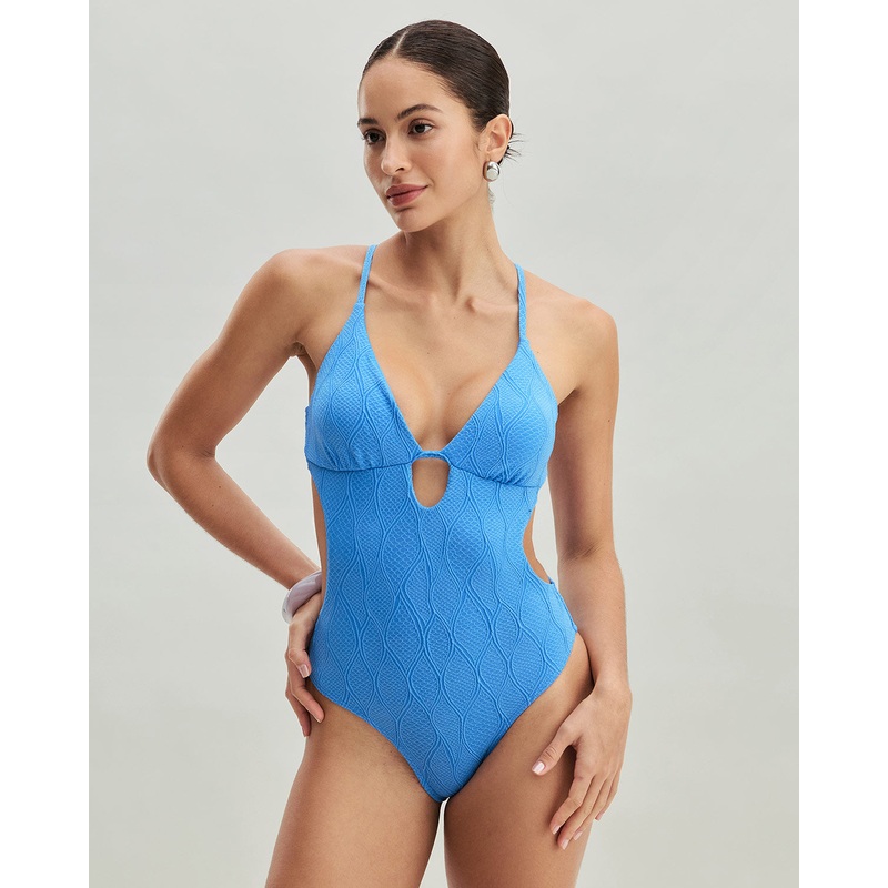 Blue Textured Bralette One-Piece Swimsuit