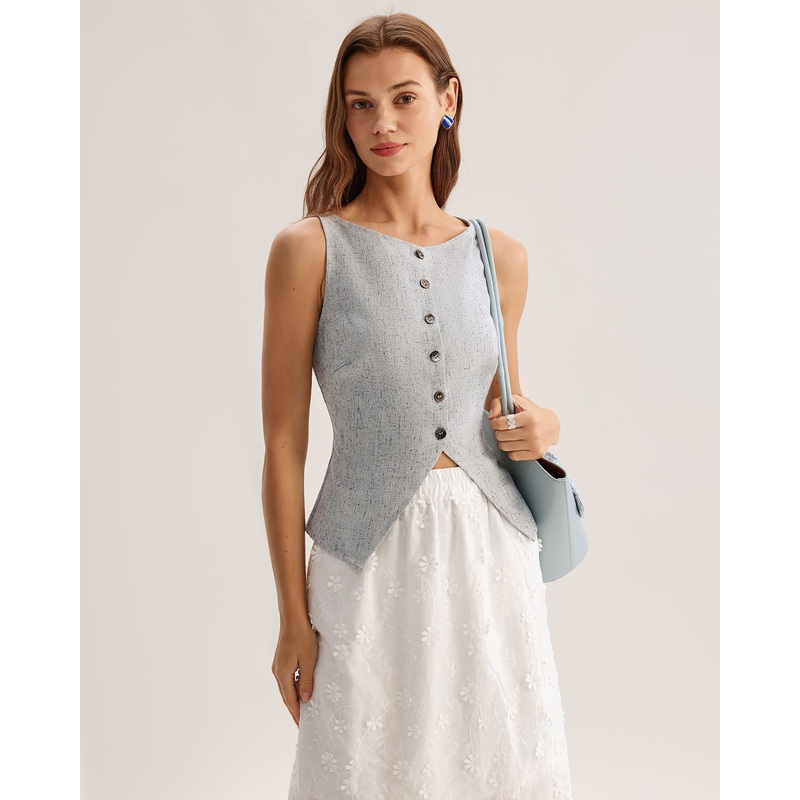 Blue Textured Button Vest