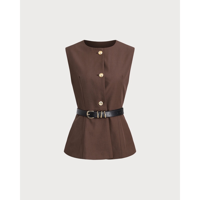 Brown Round Neck Button Vest