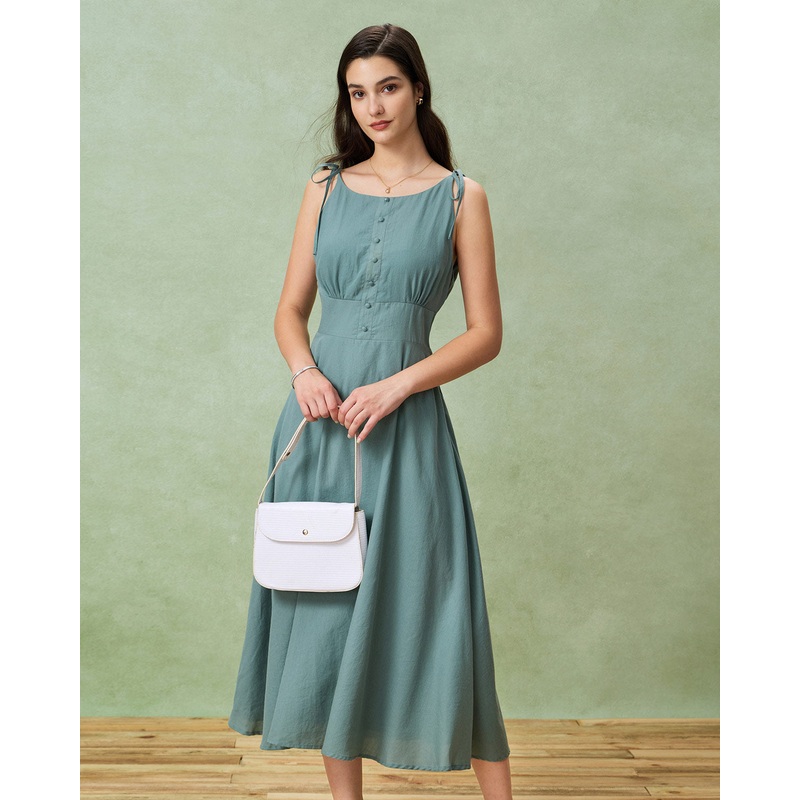 Green Boat Neck Backless Slip Midi Dress