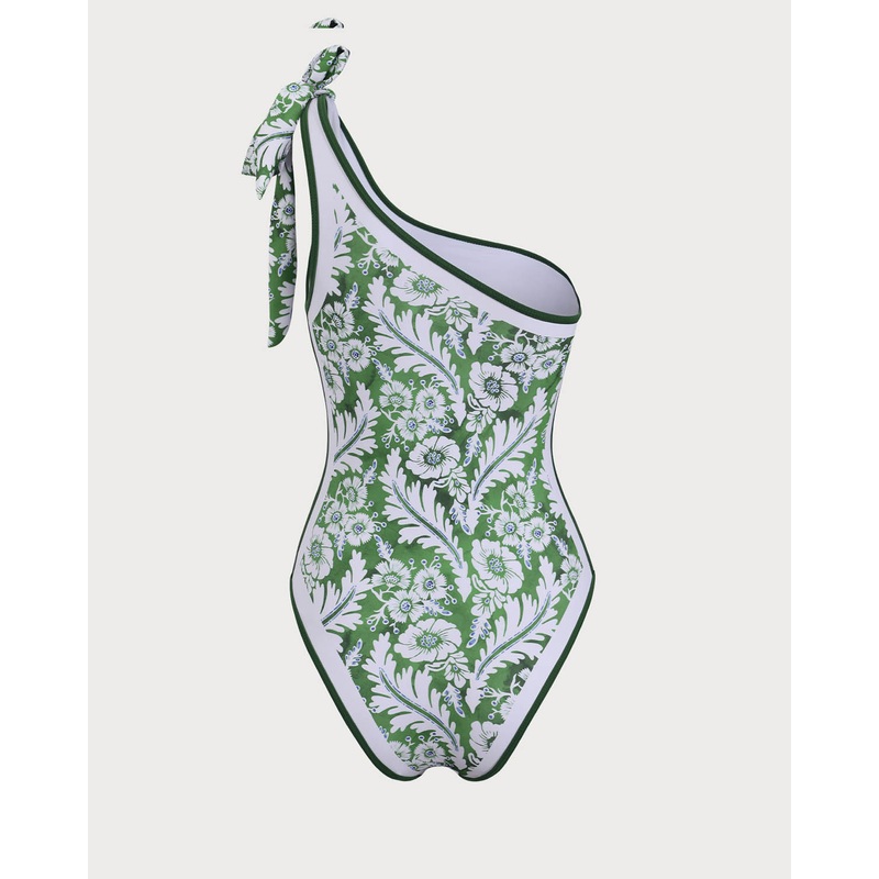 Green Contrast Flower Print One Piece Swimsuit
