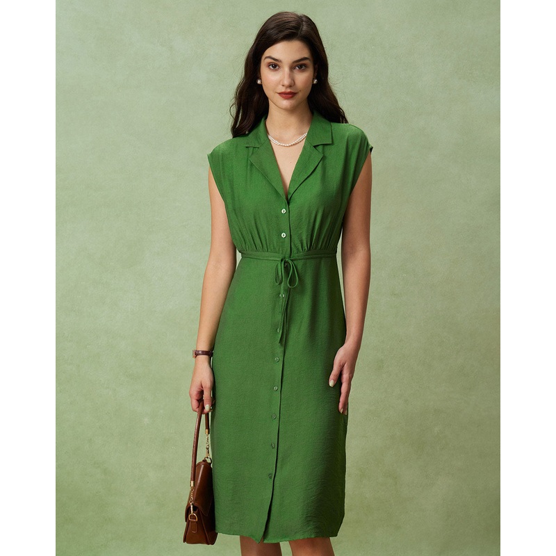 Green Cowl Sleeve Button Midi Dress