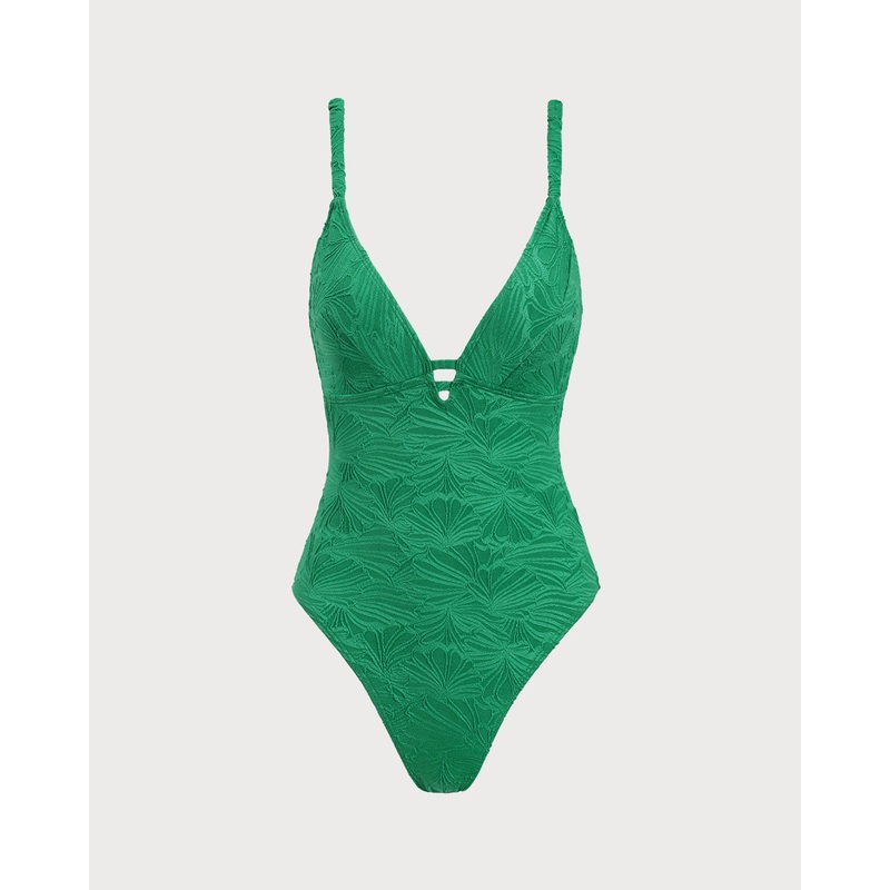 Green Hollow V-Neck One-Piece Swimsuit