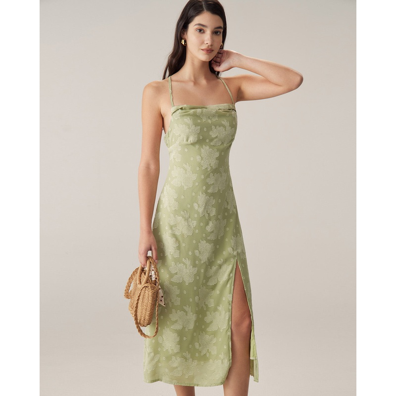Green Jacquard Backless Slip Midi Dress