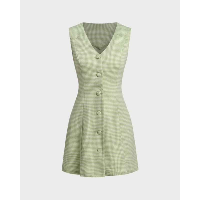 Green Plaid Sleeveless Button Mini Dress