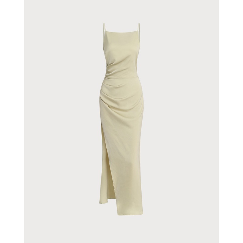 Green Ruched Slit Slip Maxi Dress